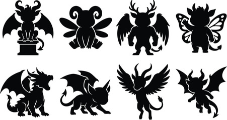Obraz premium Fantasy Creature Silhouette Icon Set Featuring Dragons Demons Gargoyle Fairy and Mythical Monster Characters