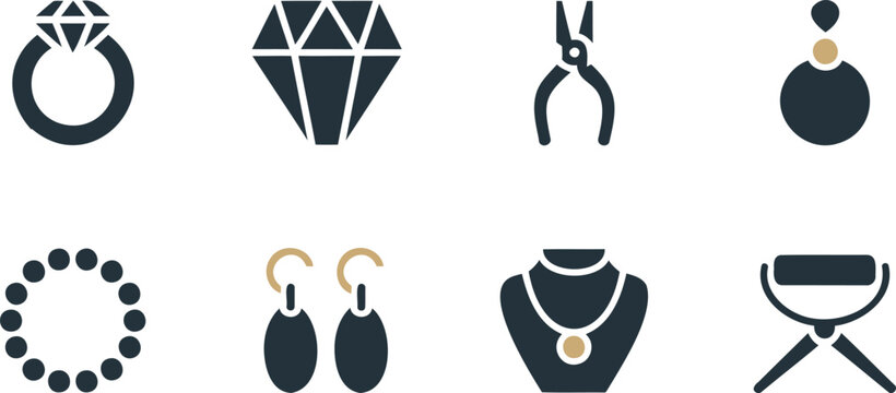 A collection of simple graphic icons representing jewelry making tools and finished pieces