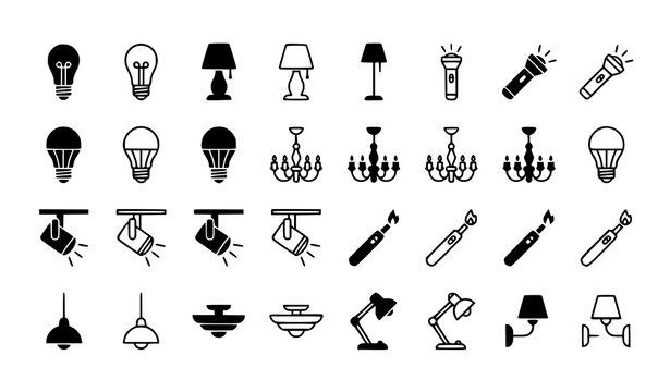 Light bulb and lighting icon set with lamp flashlight LED chandelier spotlight and lighter vector symbols