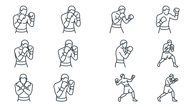Boxing Stance Collection: Diverse Fighter Poses and Movements Outline Icons