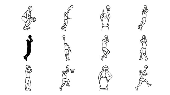 Basketball Player Poses: Silhouette and Line Art Action Shots