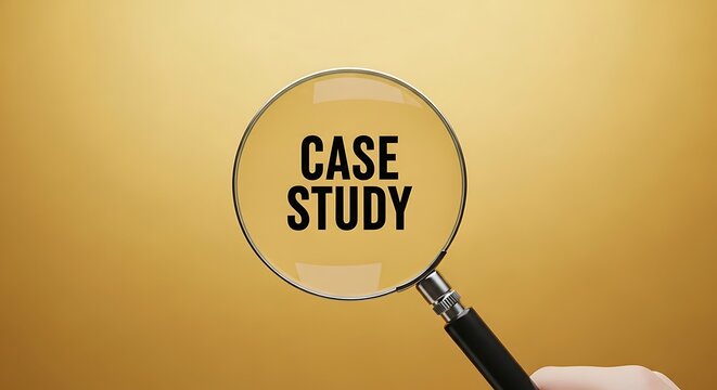 Magnifying glass over case study text. Business research concept for professional analysis.