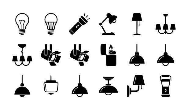 Lighting equipment icon collection with LED bulb lamp flashlight chandelier and spotlight vector set
