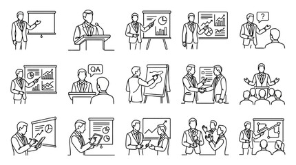 Obraz premium Business Presentation Icons: Meeting, Training, Speech, Charts, Q&A, Handshake, Audience