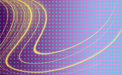 Obraz premium Light blue (cyan) dots set against a purple gradient background. Golden-yellow curved lines create a dynamic and luminous effect.