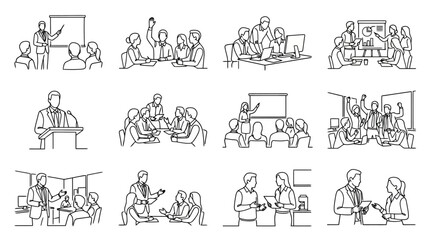 Obraz premium Business Meeting and Presentation Sketches: Collaboration, Discussion, Learning
