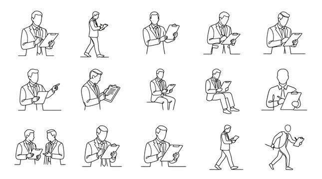 Business Man Poses Collection: Writing, Reading, Walking, Sitting - Sketch Style