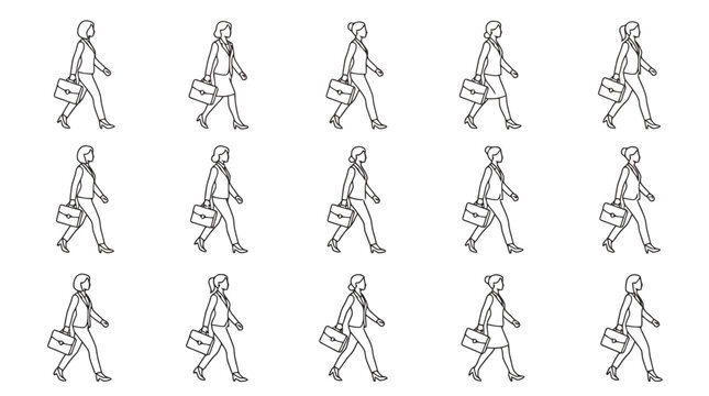 Businesswoman walking animation frames, professional woman with briefcase, side view, sketch style