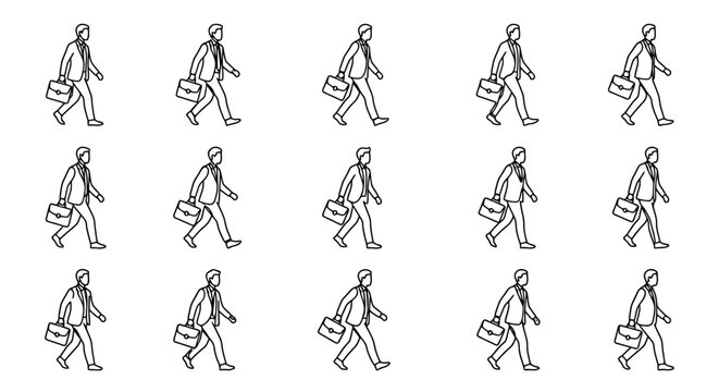 Businessman walking cycle animation sequence, hand-drawn sketch style, briefcase, business concept