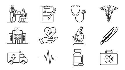 Medical Icons Set: Healthcare, Doctor, Hospital, Ambulance, Stethoscope, Caduceus, Heart © sepatu