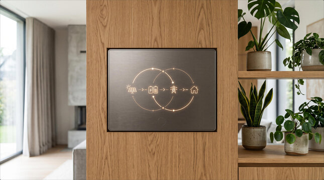 Smart Home Energy Management Touchscreen Interface Displaying Solar Power Battery Storage Electrical Grid Distribution Efficiency Flow Infographic Concept Mounted On Modern Wooden Interior Wall Design