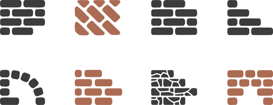 Collection of flat design icons representing different brick wall patterns and textures