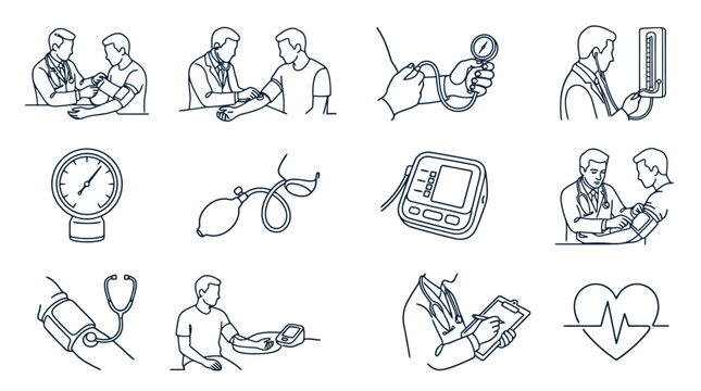 Medical Icons: Blood Pressure Check, Doctor, Patient, Stethoscope, Heartbeat