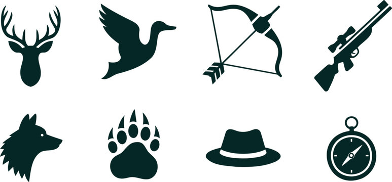 Collection of hunting related icons including deer stag duck bow and arrow rifle wolf bear paw hat and compass