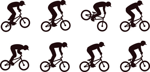 Obraz premium Collection of silhouetted BMX riders performing various tricks and poses on their bicycles
