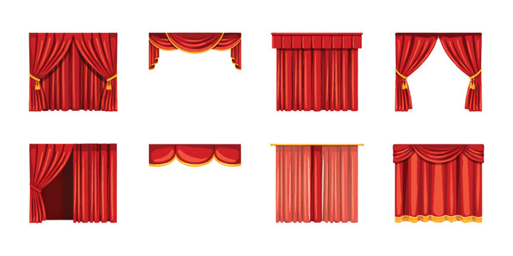 Set of red curtains and fabric drapes for theater and home window decoration
