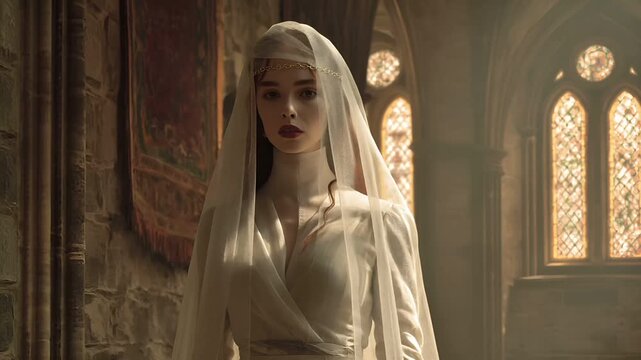 Europe medieval lifestyle. A portrait of a woman in a historical setting, likely a church or cathedral. She wears a white, longsleeved dress with a veil that billows around her head.