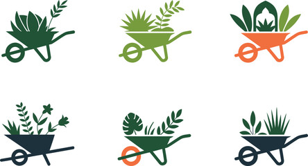 Collection of stylized garden wheelbarrow icons filled with various green plants and flowers © MD HASAN