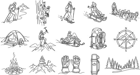 Winter Adventure and Mountaineering Line Art Collection with Outdoor Sports Outline Icons © koushar