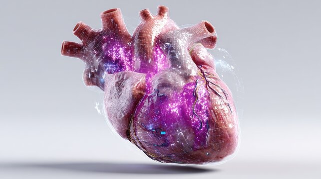 Human Heart with Energy Flow: A detailed, anatomically accurate human heart with pulsing pink and blue energy emanating from its chambers, symbolizing life, vitality.