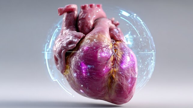Anatomical Heart with Futuristic Glow: A detailed anatomical model of a human heart, rendered with vibrant pink and purple hues, glows with ethereal light against a clean, minimalist backdrop.