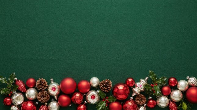 Festive holiday ornaments arranged along bottom border against dark green felt texture backdrop