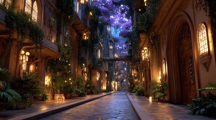 Fototapeta premium Enchanted Alleyway at Twilight: A magical alleyway adorned with glowing lanterns, lush foliage, and ethereal purple flora, illuminated by the soft twilight sky.