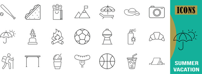 Summer outdoor activity leisure vector. tent icon set, grill icon set, camera icon set © FFY