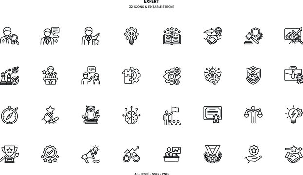 Expert and professionalism line icon set quality specialist competency certificate master business linear vector symbols
