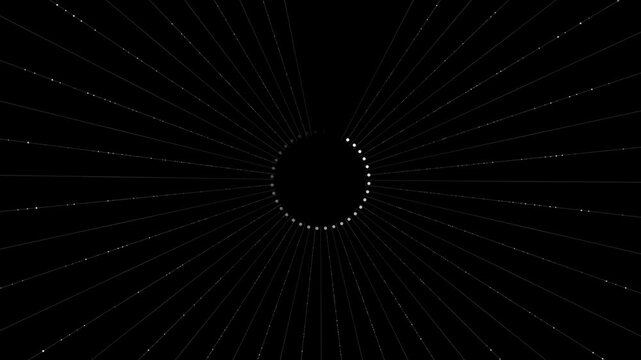 Minimal radial dot visual with thin white lines expanding from a black center, clean symmetry, and dark empty space. for title animations, logo intros, modern backgrounds, and graphic overlays.