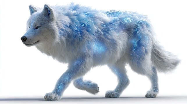 Arctic Spirit Wolf: A majestic white wolf, its fur shimmering with ethereal blue light, walks with a powerful stride across a stark white backdrop, embodying the untamed spirit of the arctic.