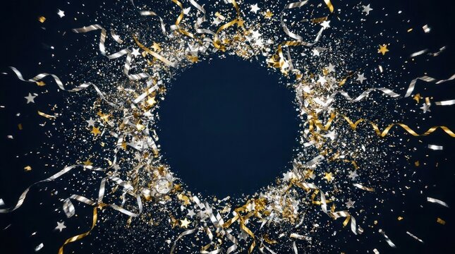 Circular border frame made from shiny gold and silver confetti stars and ribbons on dark background