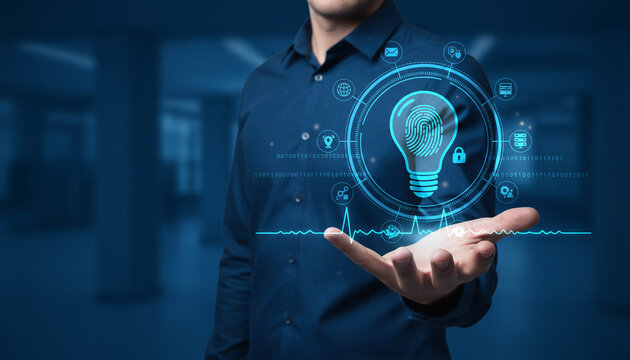 Professional man with digital interface showing fingerprint inside lightbulb concept.