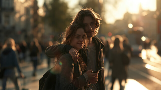 Paris France Europe lifestyle. A candid, sunlit photograph captures a young couple embracing on a city street at sunset. The woman, with long, wavy hair.