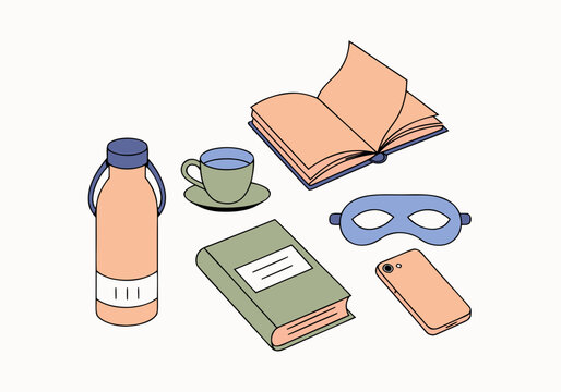Relaxation essentials including books, tea, sleep mask, water bottle and smartphone, cozy self care illustration representing reading, rest and peaceful leisure