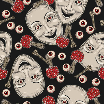 Halloween crazy pattern with mad laughing face mask, eyeballs, broken bones, fly agaric mushroom. Randomly scattered objects on black background. Creepy illustration in vintage style
