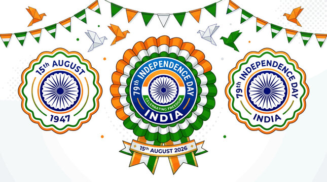 Indian Independence Day celebration vector set, 79th Independence Day India badges with tricolor bunting, 15th August 1947 commemorative emblems