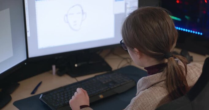 Girl with Glasses Drawing Picture on Desktop Computer Monitor. 4K 10-bit