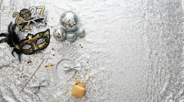 Festive new year party accessories arranged on sparkling silver sequin background for celebratory event