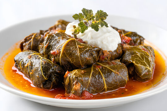 Delicious Sarmale with Stuffed Grape Leaves Served with Creamy Sauce and Fresh Garnish