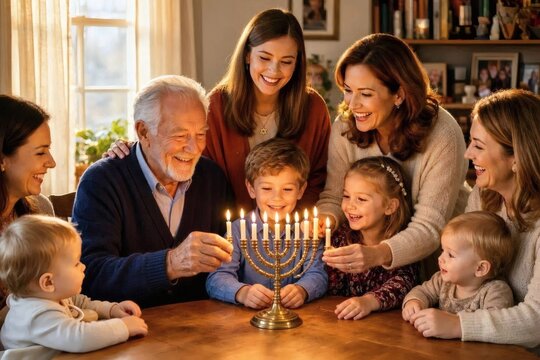 Hanukkah tradition: family gathered around menorah &mdash; narrative composition showing the exchange of blessings and laughter as candles burn, optimized for searches on Jewish holidays, family rituals