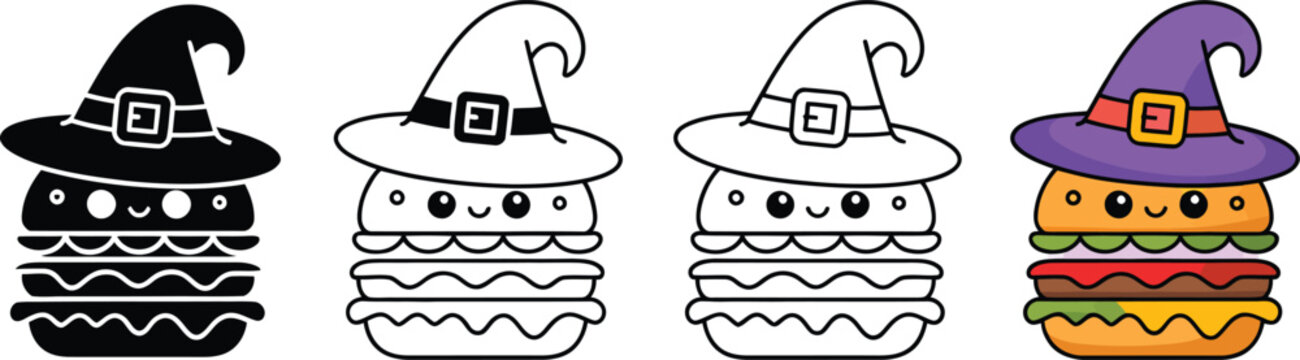 Whimsical Halloween themed hamburger characters adorned with witch hats perfect for spooky season menus and promotions