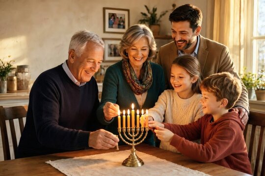 Cozy home celebration: menorah lit at dusk &mdash; atmospheric image of a menorah glowing in a window with family silhouettes, ideal for seasonal marketing, holiday greeting cards, and cultural storytelling