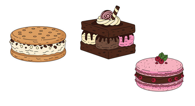 Delicious sweet desserts including an ice cream cookie sandwich, chocolate brownie with berries, and pink macaron.
