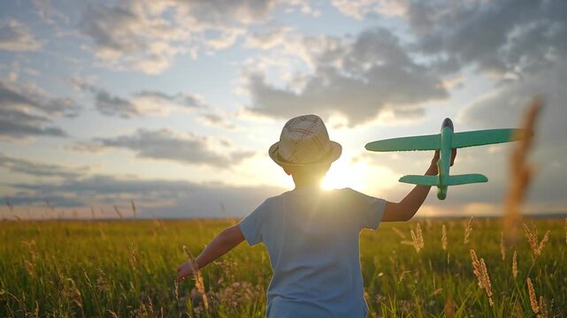 Happy boy in hat runs through green field holding toy airplane at sunset. Child pilot playing with plane dreams of flying. Kid running towards sun in summer meadow. Boy has fun outdoors.