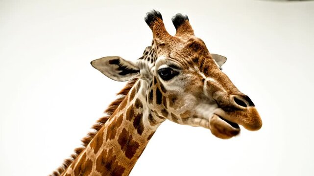 Graceful giraffe headshot showcasing patterned spots, long neck, and unique face against a bright background