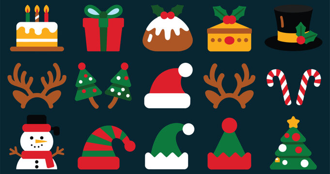 A delightful assortment of cheerful Christmas holiday icons including festive cakes gifts and Santa hats
