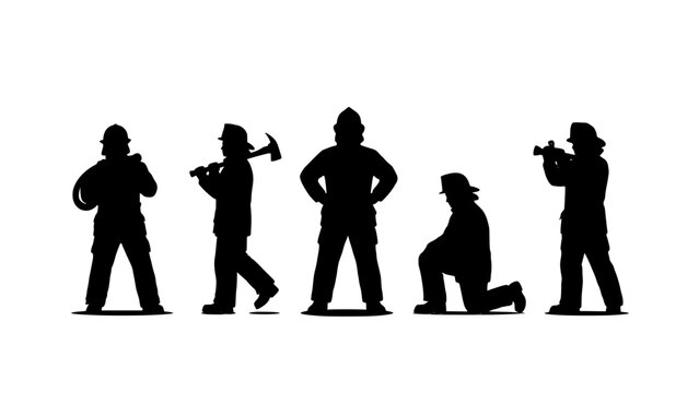 Firefighters in Various Poses with Equipment Silhouettes Illustration Featuring Firefighter, Silhouette, Firefighting with Rescue