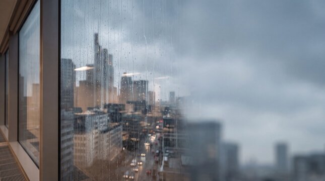 High Angle Corporate High Rise View Rain Streaked Window Pane Overlooking Foggy City Skyline Traffic Lights Overcast Storm Cloud Sky Copy Space Right Commercial Real Estate Architecture