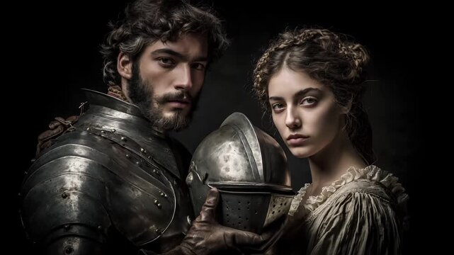 Europe medieval lifestyle. A dramatic portrayal of a man and a woman in medieval armor. The man, on the left, has a beard and curly hair, and wears a full suit of metal armor with rivets and rivets.